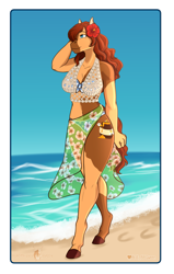Size: 2269x3569 | Tagged: safe, artist:blackblood-queen, oc, oc only, oc:honeypot meadow, earth pony, anthro, unguligrade anthro, anthro oc, beach, beauty mark, bikini, blaze (coat marking), clothes, coat markings, commission, digital art, earth pony oc, facial markings, female, flower, flower in hair, high res, mare, signature, sky, smiling, solo, swimsuit, two-piece swimsuit, water, wave