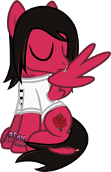 Size: 793x1221 | Tagged: safe, artist:lightningbolt, derpibooru exclusive, pegasus, pony, g4, .svg available, clothes, eyes closed, feather, feathered wings, grooming, lip piercing, male, mike fuentes, partially open wings, pierce the veil, piercing, ponified, preening, red and black oc, shirt, show accurate, simple background, sitting, solo, stallion, svg, t-shirt, tattoo, transparent background, vector, wings