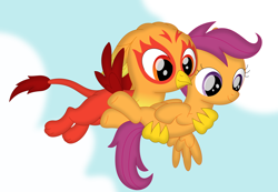 Size: 3474x2403 | Tagged: safe, artist:porygon2z, scootaloo, oc, oc:heatwave, griffon, pegasus, pony, g4, bridal carry, carrying, duo, female, flying, high res, male, scootalove