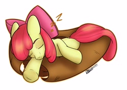 Size: 4096x2892 | Tagged: safe, artist:playful wings, apple bloom, earth pony, pony, g4, adorabloom, applejack's hat, cowboy hat, cute, eyebrows, eyes closed, hat, if i fits i sits, onomatopoeia, sleeping, solo, sound effects, zzz