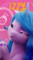 Size: 608x1080 | Tagged: safe, screencap, izzy moonbow, pony, g5, abstract background, bracelet, cute, ears at angle, izzybetes, jewelry, promotional art, raised eyebrow, solo, squint