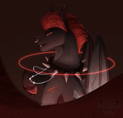 Size: 1500x1444 | Tagged: safe, artist:sursiq, oc, oc only, oc:shadow storm, bat pony, pony, bat pony oc, bat wings, blood, collar, ear piercing, edgy, fangs, gauges, hooves, jewelry, looking at you, looking down, looking down at you, necklace, nose piercing, nose ring, piercing, raised hoof, red eyes, scar, shading, solo, spiked collar, wings