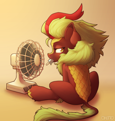 Size: 1800x1900 | Tagged: safe, artist:ohemo, cinder glow, summer flare, earth pony, kirin, pony, g4, fan, female, food, ice cream, looking back, mouth hold, popsicle, sea salt ice cream, solo