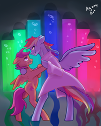 Size: 3433x4256 | Tagged: safe, artist:dailyagony, rainbow dash, scootaloo, pegasus, pony, fanfic:rainbow factory, g4, absentia, abuse, bipedal, clothes, crying, duo, duo female, evil, evil grin, evil rainbow dash, fanfic art, female, frown, grin, gritted teeth, high res, imminent death, incorrect outfit, incorrect spectra colours, insanity, lab coat, large wings, lighting, liquid rainbow, long legs, looking at each other, mare, multicolored hair, oh no, pegasus device, purple eyes, purple mane, purple tail, rainbow factory dash, rainbow hair, rainbow tail, red eyes, scared, scootabuse, scootaloo can't fly, scootaloo's cutie mark, shading, size difference, slasher smile, small wings, smiling, spectra, standing on two hooves, tears of pain, this will end in death, this will end in tears, this will end in tears and/or death, wall of tags, white clothes, wings, wrong eye color