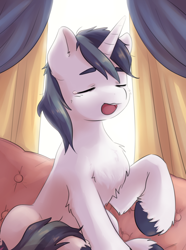 Size: 3604x4852 | Tagged: safe, artist:aquoquoo, shining armor, pony, unicorn, g4, chest fluff, couch, curtains, eyes closed, male, open mouth, solo, stallion