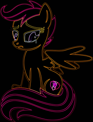 Size: 680x890 | Tagged: safe, artist:taeko, scootaloo, pegasus, pony, fanfic:pegasus device, fanfic:rainbow factory, g4, :c, absentia, black background, crying, evil, evil scootaloo, eviloo, eyelashes, fanfic art, female, folded wings, frown, glowing body, guilty, implied scootabuse, mare, neon, older, older scootaloo, rainbow factory worker, sad, scootaloo can't fly, simple background, sitting, solo, wings