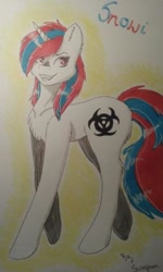 Size: 308x514 | Tagged: safe, artist:vincentpl, oc, oc:snowi, pony, unicorn, fallout equestria, fallout equestria: project horizons, biohazard, biohazard sign, blue, blue hair, fallout, fanfic art, female, full body, horn, mare, red, red and blue, red eyes, red hair, smiling, solo, traditional art, white pony