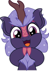 Size: 3434x5000 | Tagged: safe, artist:jhayarr23, oc, oc only, oc:night glow, kirin, colored eartips, colored hooves, cute, ethereal mane, fingers together, front view, goody greeting meme, happy, hooves together, kirin oc, looking at you, open mouth, open smile, smiling, smiling at you, solo, starry eyes, starry mane
