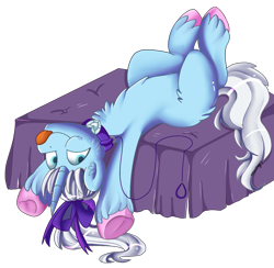 Size: 1824x1783 | Tagged: safe, artist:beashay, oc, oc only, oc:crystal tundra, pony, unicorn, :p, collar, colored hooves, femboy, fluffy, leash, lying down, male, on back, ribbon, solo, tongue out
