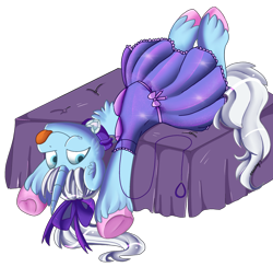 Size: 1824x1783 | Tagged: safe, artist:beashay, oc, oc only, oc:crystal tundra, pony, unicorn, :p, clothes, collar, colored hooves, crossdressing, dress, femboy, fluffy, leash, lying down, male, on back, ribbon, solo, tongue out