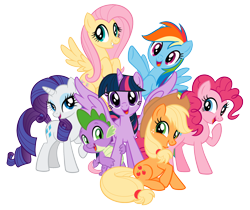 Size: 2048x1724 | Tagged: safe, applejack, fluttershy, pinkie pie, rainbow dash, rarity, spike, twilight sparkle, alicorn, dragon, earth pony, pegasus, pony, unicorn, g4, official, design, female, flying, male, mane six, mare, open mouth, open smile, raised hoof, simple background, smiling, stock vector, transparent background, twilight sparkle (alicorn), vector, zazzle