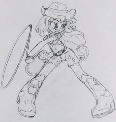 Size: 1092x1145 | Tagged: safe, artist:shadowhawx, applejack, equestria girls, g4, belly button, boots, clothes, daisy dukes, front knot midriff, grin, lasso, midriff, monochrome, pencil drawing, rope, shoes, shorts, smiling, solo, traditional art