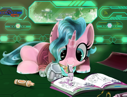 Size: 1567x1200 | Tagged: safe, artist:brainiac, hitch trailblazer, izzy moonbow, oc, oc only, oc:candy chip, cyborg, pony, unicorn, the sunjackers, g5, book, coloring book, cyberpunk, digital painting, female, link in description, mare, scene interpretation, solo, time-lapse included