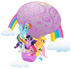 Size: 2048x2001 | Tagged: safe, applejack, fluttershy, pinkie pie, rainbow dash, rarity, twilight sparkle, bird, earth pony, pegasus, pony, unicorn, g4, official, cloud, design, high res, hot air balloon, mane six, palindrome get, rainbow, simple background, stock vector, transparent background, twinkling balloon, zazzle