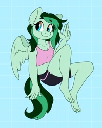 Size: 1627x2048 | Tagged: safe, artist:retromochi, oc, oc only, oc:eden shallowleaf, pegasus, anthro, plantigrade anthro, barefoot, belly button, clothes, feet, peace sign, shorts, smiling, sports bra, sports outfit, sports shorts, toes