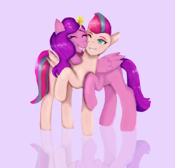 Size: 1280x1225 | Tagged: safe, artist:dailyagony, pipp petals, zipp storm, pegasus, pony, g5, adorapipp, adorazipp, cute, eyes closed, female, grin, mare, reflection, royal sisters (g5), sibling love, siblings, sisterly love, sisters, smiling