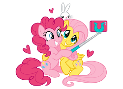 Size: 2048x1489 | Tagged: safe, angel bunny, fluttershy, pinkie pie, earth pony, pegasus, pony, rabbit, g4, official, animal, cellphone, cute, design, diapinkes, female, floating heart, heart, phone, selfie, selfie stick, shirt design, shyabetes, simple background, smartphone, stock vector, transparent background, trio, vector, zazzle