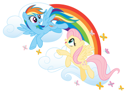 Size: 2048x1489 | Tagged: safe, fluttershy, rainbow dash, butterfly, pegasus, pony, g4, official, cloud, design, duo, duo female, female, mare, rainbow, simple background, stock vector, transparent background, vector, zazzle