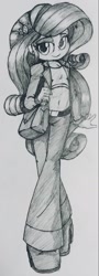 Size: 671x1865 | Tagged: safe, artist:shadowhawx, rarity, equestria girls, g4, belly button, lidded eyes, looking at you, midriff, monochrome, pencil drawing, purse, smiling, solo, traditional art