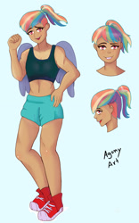 Size: 1280x2051 | Tagged: safe, artist:dailyagony, rainbow dash, human, pegasus, g4, belly button, clothes, converse, dark skin, humanized, looking at you, midriff, shoes, shorts, smiling, sneakers, solo, tank top, winged humanization, wings