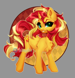 Size: 800x831 | Tagged: safe, artist:cabbage-arts, sunset shimmer, pony, unicorn, g4, abstract background, butt fluff, cheek fluff, chest fluff, curved horn, ear fluff, female, grin, horn, leg fluff, looking at you, mare, smiling, solo