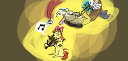 Size: 640x308 | Tagged: safe, artist:askthediscords, apple bloom, discord, draconequus, earth pony, pony, g4, duet, eyes closed, female, filly, musical instrument, playing instrument, trumpet, violin