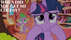 Size: 1280x720 | Tagged: safe, edit, edited screencap, editor:quoterific, screencap, spike, twilight sparkle, dragon, pony, unicorn, g4, season 1, the cutie mark chronicles, cute, female, golden oaks library, male, mare, open mouth, smiling, twiabetes, unicorn twilight