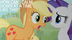 Size: 1280x720 | Tagged: safe, edit, edited screencap, editor:quoterific, screencap, applejack, rarity, earth pony, pony, unicorn, bats!, g4, season 4, applejack's hat, cowboy hat, duo, female, hat, mare, open mouth