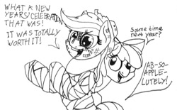 Size: 640x396 | Tagged: safe, artist:ewoudcponies, apple bloom, applejack, earth pony, pony, g4, bandage, black and white, female, filly, grayscale, mare, monochrome, text, traditional art