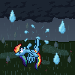 Size: 600x600 | Tagged: safe, artist:nitobit, part of a set, rainbow dash, pegasus, pony, g4, cloud, cloudy, dark clouds, female, flying, kicking, mare, micro, misleading thumbnail, pixel art, puddle, rain, smiling, wet, wet mane