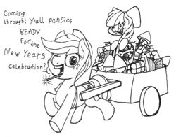 Size: 640x502 | Tagged: safe, artist:ewoudcponies, apple bloom, applejack, earth pony, pony, g4, black and white, cart, female, filly, fireworks, grayscale, mare, monochrome, text, traditional art