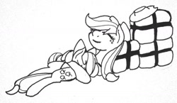 Size: 1280x740 | Tagged: safe, artist:ewoudcponies, apple bloom, applejack, earth pony, pony, g4, black and white, female, filly, grayscale, hay bale, mare, monochrome, sleeping, traditional art