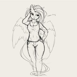 Size: 4000x4000 | Tagged: safe, artist:miokomata, fluttershy, pegasus, anthro, g4, absurd resolution, breasts, cleavage, female, freckles, freckleshy, gray background, grayscale, hand on hip, mare, monochrome, simple background, sketch, solo