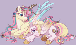 Size: 1280x753 | Tagged: safe, artist:universalheart, fluttershy, oc, oc:angel, alicorn, pegasus, pony, g4, alicornified, colt, female, fluttercorn, lying down, male, mare, mother and child, mother and son, offspring, parent:fluttershy, prone, purple background, race swap, simple background, unshorn fetlocks