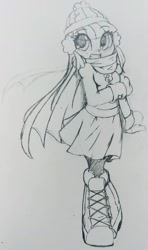 Size: 860x1453 | Tagged: safe, artist:shadowhawx, twilight sparkle, equestria girls, g4, boots, clothes, grin, hat, monochrome, pencil drawing, scarf, shoes, skirt, smiling, solo, traditional art, winter