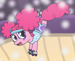 Size: 1280x1033 | Tagged: safe, artist:harmonybunny2021, pinkie pie, earth pony, pony, g4, my little pony: friendship is magic, scare master, clothes, costume, disco, female, lights, mare, nightmare night costume, pinkie puffs, roller disco, roller rink, roller skates, rollerblades, solo