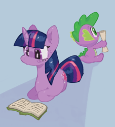 Size: 914x1008 | Tagged: safe, artist:memorizor, spike, twilight sparkle, dragon, pony, unicorn, g4, book, cute, duo, lying down, ponyloaf, prone, reading, scroll, spikabetes, unicorn twilight