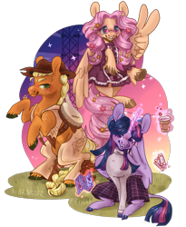 Size: 1676x2048 | Tagged: safe, artist:alabasterpeony, applejack, fluttershy, twilight sparkle, alicorn, classical unicorn, earth pony, pegasus, pony, unicorn, g4, banjo, clothes, cloven hooves, coffee, coffee cup, cup, dress, female, flower, flower in hair, glasses, horn, leonine tail, mare, musical instrument, peace sign, rearing, simple background, skirt, straw in mouth, sweater, ticket, transparent background, trio, twilight sparkle (alicorn), unshorn fetlocks, vest, wing hands, wings