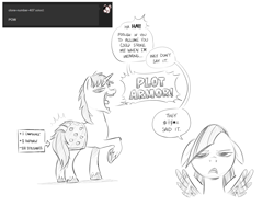 Size: 1600x1200 | Tagged: safe, artist:mellodillo, oc, oc:invisible ink, oc:mithril down, pegasus, pony, unicorn, armor, ask, black and white, duo, female, grayscale, male, mare, monochrome, plot armor, pun, sketch, speech bubble, stallion, tumblr, visual pun