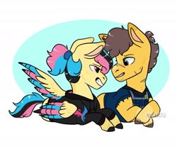 Size: 2065x1735 | Tagged: safe, artist:moccabliss, oc, oc only, earth pony, pegasus, pony, clothes, colored wings, female, freckles, hoodie, looking at each other, lying down, mare, multicolored wings, prone, scar, wings