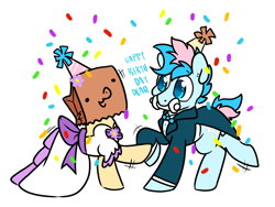 Size: 1230x926 | Tagged: safe, artist:paperbagpony, oc, oc only, oc:blue chewings, oc:paper bag, chew toy, clothes, confetti, dancing, dress, happy birthday, hat, party hat, simple background, suit, white background