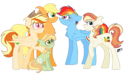 Size: 2500x1500 | Tagged: safe, artist:gallantserver, applejack, rainbow dash, oc, oc:caramel crisp, oc:cerulean, oc:smithy gold, earth pony, pegasus, pony, g4, female, filly, lesbian, magical lesbian spawn, offspring, parent:applejack, parent:rainbow dash, parents:appledash, ship:appledash, shipping, simple background, transparent background