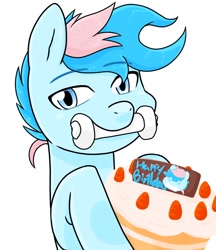 Size: 640x740 | Tagged: safe, artist:batipin, oc, oc only, oc:blue chewings, pony, cake, chew toy, food, happy birthday, mouth hold, simple background, solo, strawberry, white background