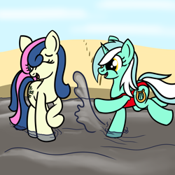 Size: 2000x2000 | Tagged: safe, artist:dafiltafish, bon bon, lyra heartstrings, sweetie drops, earth pony, pony, unicorn, comic:day by day, g4, beach, clothes, female, high res, lesbian, one-piece swimsuit, open-back swimsuit, ship:lyrabon, shipping, splash, splashing, swimsuit