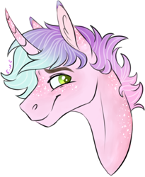 Size: 434x529 | Tagged: safe, artist:eperyton, oc, oc only, pony, unicorn, bust, curved horn, freckles, green eyes, horn, simple background, smiling, unicorn oc, white background