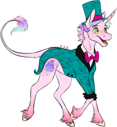 Size: 624x671 | Tagged: safe, artist:eperyton, oc, oc only, pony, unicorn, bowtie, clothes, hat, horn, leonine tail, male, simple background, smiling, solo, stallion, top hat, unicorn oc, unshorn fetlocks, white background