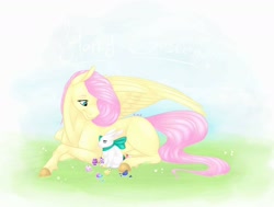 Size: 1440x1086 | Tagged: safe, artist:eperyton, angel bunny, fluttershy, pegasus, pony, rabbit, g4, animal, bow, duo, easter, easter egg, female, holiday, looking back, male, mare, missing cutie mark, wings