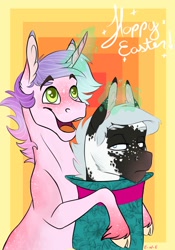 Size: 841x1200 | Tagged: safe, artist:eperyton, oc, oc only, earth pony, pony, unicorn, abstract background, bunny out of the hat, bust, cloven hooves, duo, earth pony oc, glowing horn, happy easter, horn, magic, magic trick, male, smiling, stallion, telekinesis, unamused, unicorn oc, unshorn fetlocks