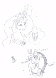 Size: 1897x2654 | Tagged: safe, artist:chibi-n92, discord, princess celestia, alicorn, draconequus, pony, g4, ><, chest fluff, comic, cup, eyeball, eyes closed, female, glowing horn, horn, laughing, magic, male, mare, monochrome, peytral, prank, ship:dislestia, shipping, snickering, straight, telekinesis, traditional art