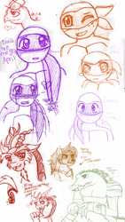 Size: 900x1600 | Tagged: safe, artist:chibi-n92, discord, draconequus, turtle, anthro, g4, blushing, bust, lineart, male, simple background, sketch, sketch dump, teenage mutant ninja turtles, white background